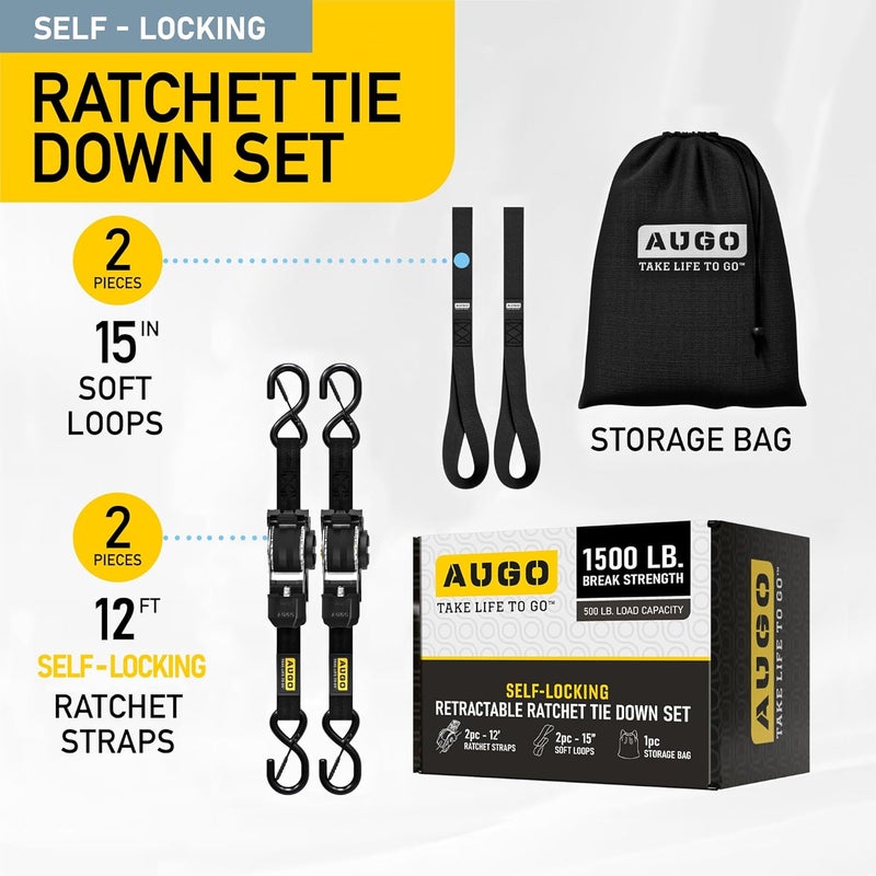 AUGO Self-Locking Retractable Ratchet Straps | 2 Heavy Duty Self-Tensioning Retractable Tie Down Straps with Soft Loops & Storage Bag | for Motorcycle, Truck, Cargo | 1500Lb Break Strength 1” x 12’ - Image 4